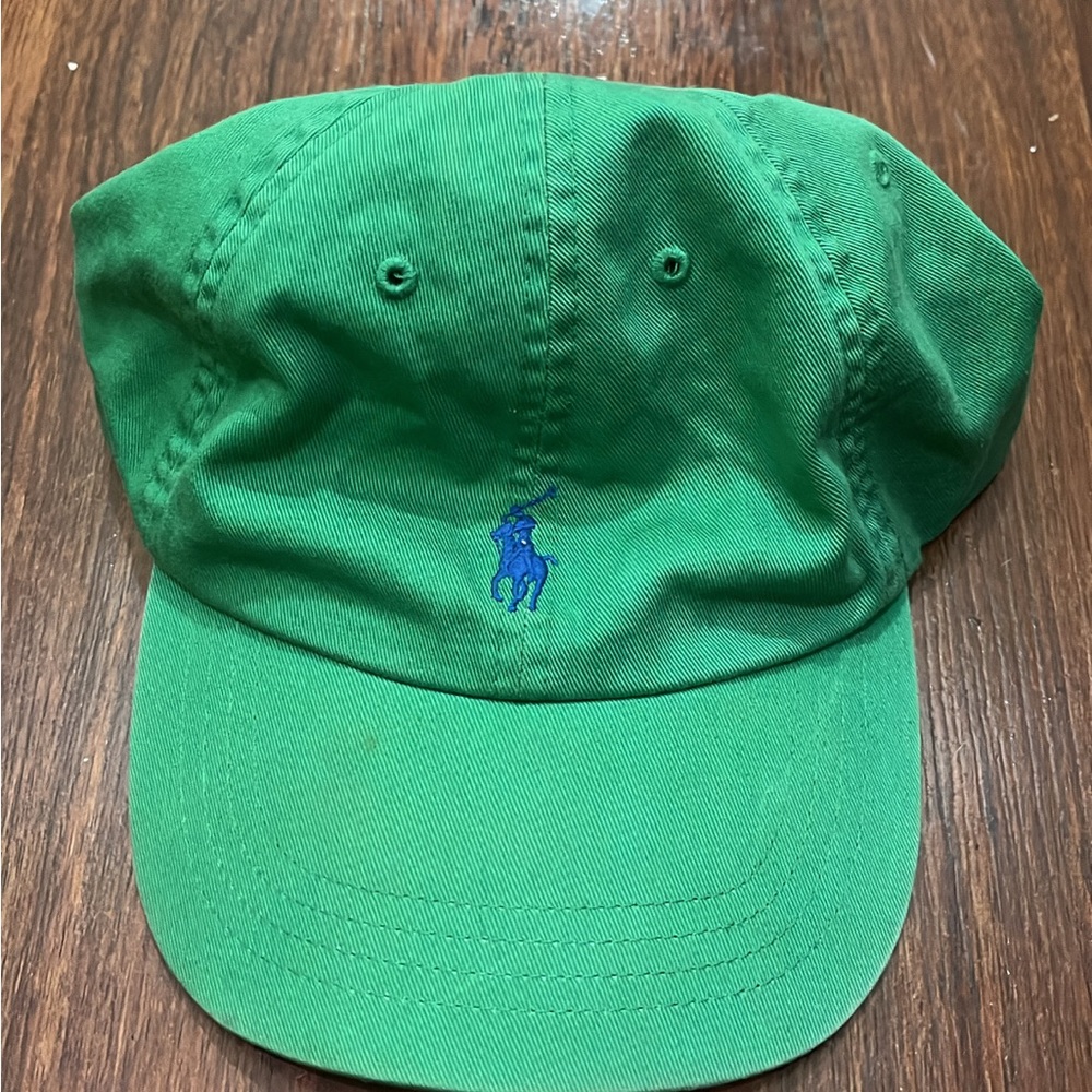 Vintage Green Polo Hat. Brown Leather Strap.